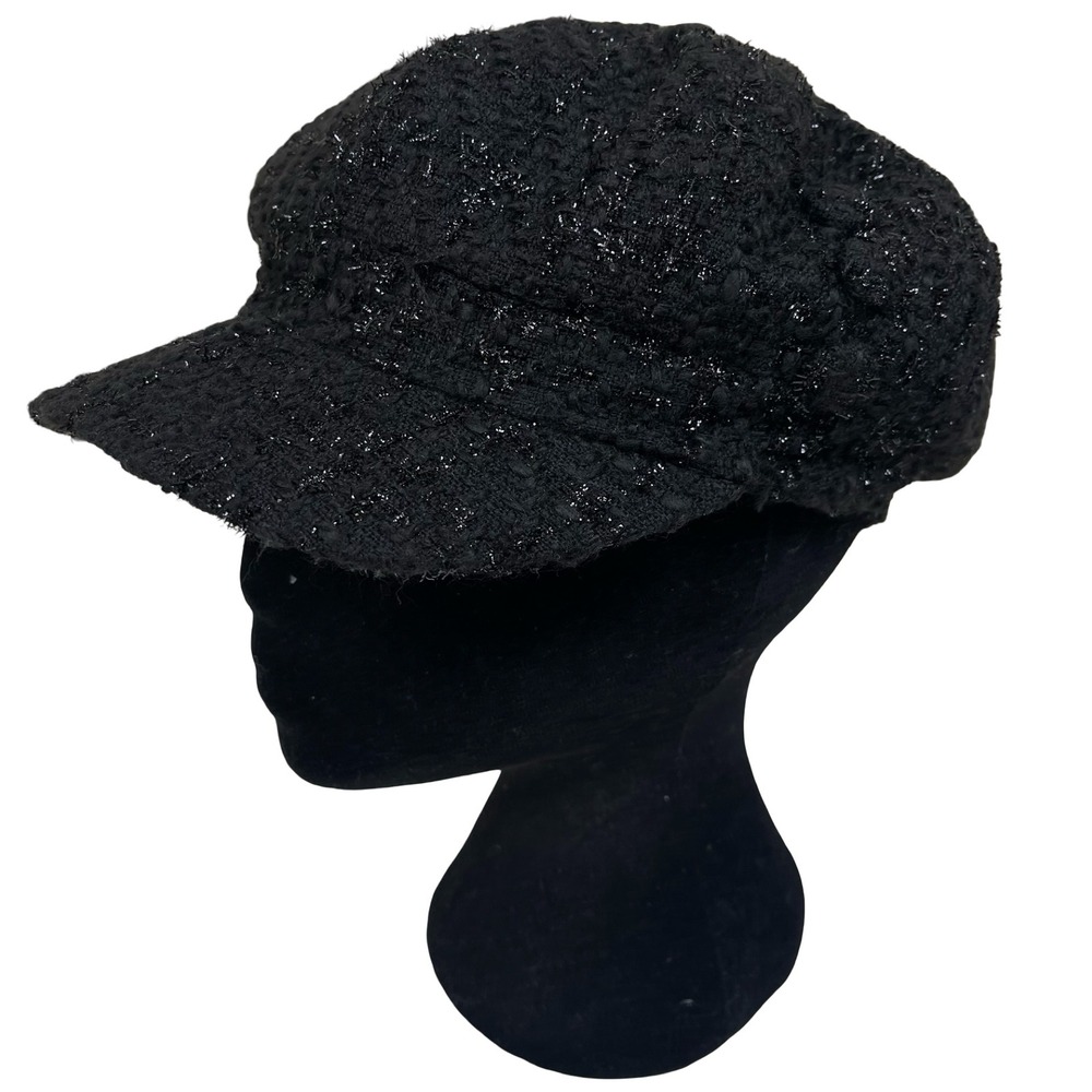 Vintage Black Boucle Tweed Slouchy Newsboy Cabbie Hat Cap Y2K Boho Chic Metallic